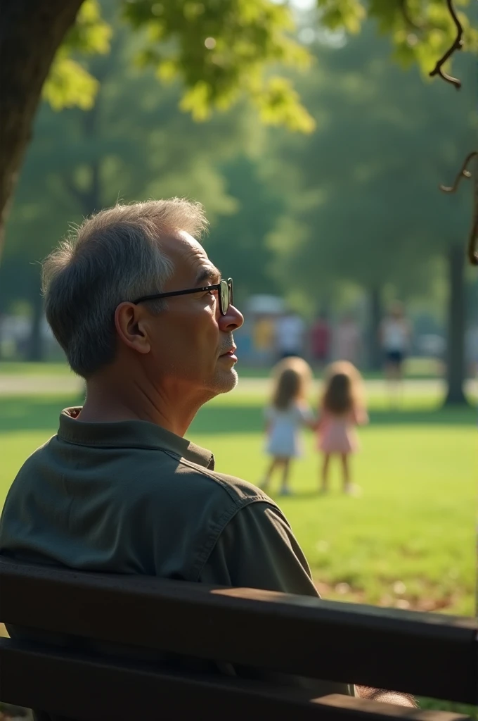 a man wearing glasses, sitting on a park bench, reminiscing about missing his father who died when he was little. Currently the man already has 2 daughters.