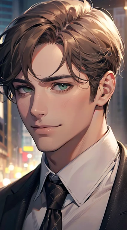 (Highest quality,4K,8K,High resolution,masterpiece:1.2),Super detailed,(Realistic,photoRealistic,photo-Realistic:1.37),1 personld,Mature Men,Beautiful skin、very handsome,Expressionless smile in love,Short gray brown hair,green eyes,Sharp Eyes,A perfect face without a doubt,Businessman, CEO, Office Background,Cinema Lighting,HDR image,tie、