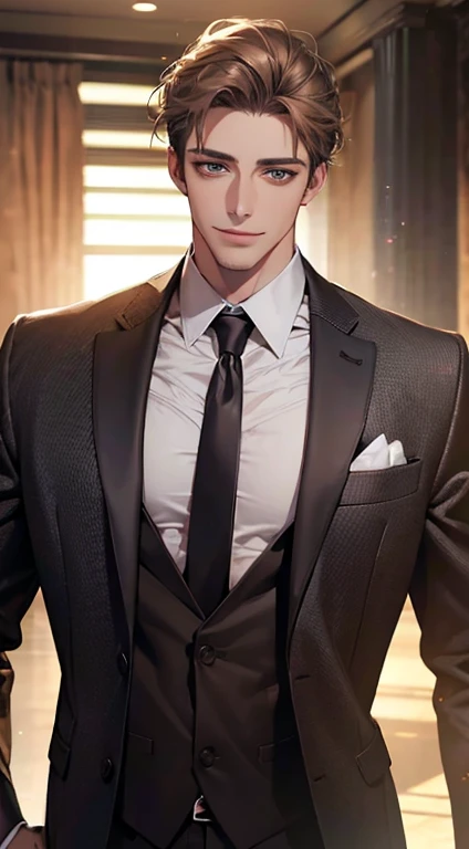 (Highest quality,4K,8K,High resolution,masterpiece:1.2),Super detailed,(Realistic,photoRealistic,photo-Realistic:1.37),1 personld,Mature Men,Beautiful skin、very handsome,Expressionless smile in love,Short gray brown hair,green eyes,Sharp Eyes,A perfect face without a doubt,Businessman, CEO, Office Background,Cinema Lighting,HDR image,tie、