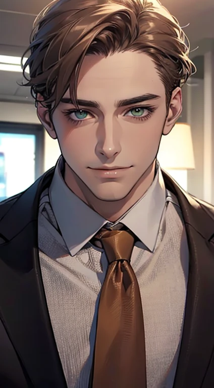 (Highest quality,4K,8K,High resolution,masterpiece:1.2),Super detailed,(Realistic,photoRealistic,photo-Realistic:1.37),1 personld,Mature Men,Beautiful skin、very handsome,Expressionless smile in love,Short gray brown hair,green eyes,Sharp Eyes,A perfect face without a doubt,Businessman, CEO, Office Background,Cinema Lighting,HDR image,tie、