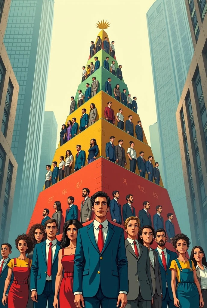 drawing: A pyramid with different levels, where each level represents an income or wealth group. The higher levels have a higher tax burden proportional to their size.
Additional Details: Each level of the pyramid can be added labels and figures that represent different social classes or income levels.