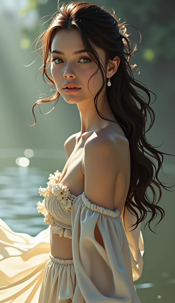 close up portrait of a cute woman bathing in a river, reeds, (backlighting), realistic, masterpiece, highest quality, lens flare, shade, bloom, [[chromatic aberration]], by Jeremy Lipking, by Antonio J. Manzanedo, digital painting, nude ,middle breast