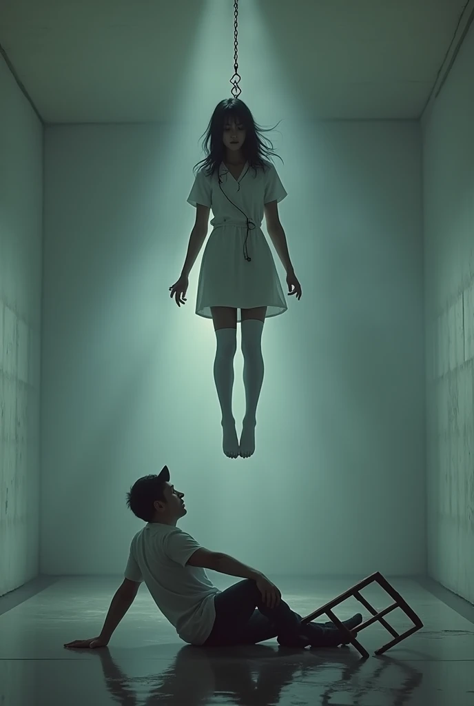 Nurse scene in white thigh high socks, hanged, thòng lọng, hovering in the air , The chair fell at the nurse's feet., man sitting on the ground