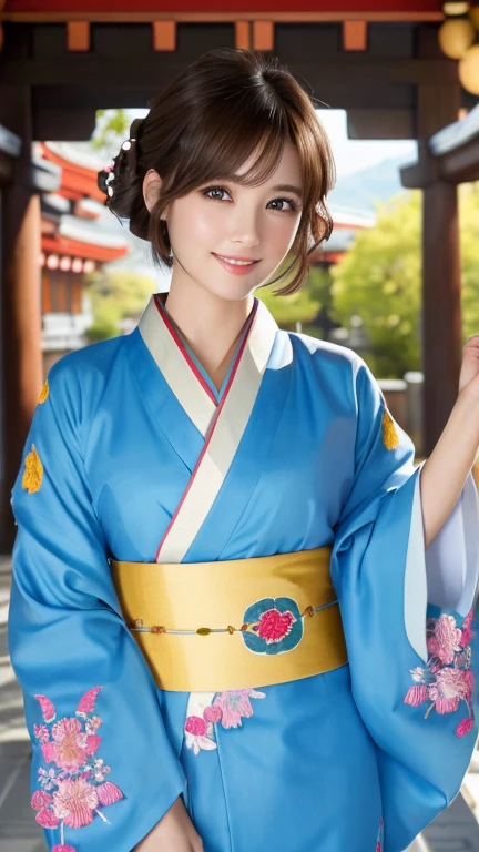 (8k, RAW Photos, Highest quality:1.2), (reality, reality的:1.4), (非常に詳細な8kwallpaper)、Sharp focus, Cinema Lighting, Beautiful eyes in every detail, Asymmetrical bangs, Glowing Skin, Highly detailed skin ,High resolution, Attention to detail, Detailed hairstyle, Ultra detailed face, Detailed lips, Hyper Real, Perfect limbs, Perfect Anatomy ,1 Japanese girl,Famous idols of Japan, Perfect female body,smile,short eyelashes,double eyelid、Look straight here,, whole body ,Tabletop、wallpaper、reality的、Bright lighting、Professional Lighting、Face Light Smooth Lighting、Beautiful woman、action、gravure、Sexy、so beautiful、Beautiful Skin、slim、((short hair))、((Brunette Hair))、Brown eyes、Looking into the camera、Small Bust、Pretty face,, smile, Hot spring background for hot spring inn, 超High resolution, Backlight, Top-down angle、Accurate 5 fingers, software , Bony body, Messy Hair,(yukata), (Gorgeous embroidered kimono:1.3)、（You can see the torii gate.）、Pull out
