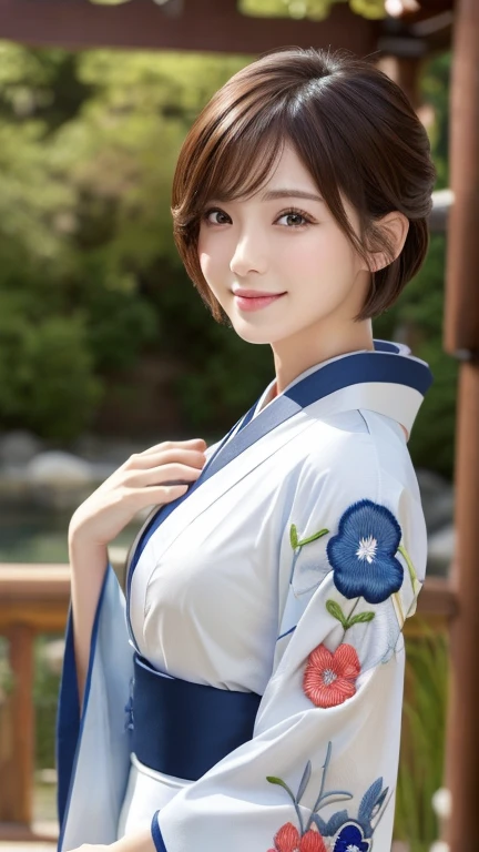 (8k, RAW Photos, Highest quality:1.2), (reality, reality的:1.4), (非常に詳細な8kwallpaper)、Sharp focus, Cinema Lighting, Beautiful eyes in every detail, Asymmetrical bangs, Glowing Skin, Highly detailed skin ,High resolution, Attention to detail, Detailed hairstyle, Ultra detailed face, Detailed lips, Hyper Real, Perfect limbs, Perfect Anatomy ,1 Japanese girl,Famous idols of Japan, Perfect female body,smile,short eyelashes,double eyelid、Look straight here,, whole body ,Tabletop、wallpaper、reality的、Bright lighting、Professional Lighting、Face Light Smooth Lighting、Beautiful woman、action、gravure、Sexy、so beautiful、Beautiful Skin、slim、((short hair))、((Brunette Hair))、Brown eyes、Looking into the camera、Small Bust、Pretty face,, smile, Hot spring background for hot spring inn, 超High resolution, Backlight, Top-down angle、Accurate 5 fingers, software , Bony body, Messy Hair,(yukata), (Gorgeous embroidered kimono:1.3)、（You can see the torii gate.）、Pull out
