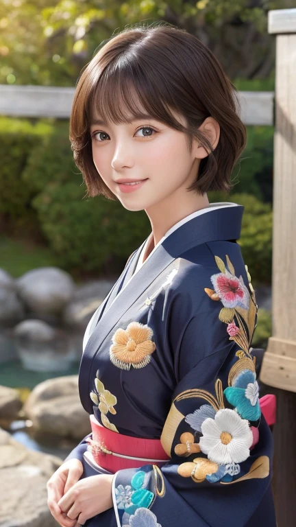 (8k, RAW Photos, Highest quality:1.2), (reality, reality的:1.4), (非常に詳細な8kwallpaper)、Sharp focus, Cinema Lighting, Beautiful eyes in every detail, Asymmetrical bangs, Glowing Skin, Highly detailed skin ,High resolution, Attention to detail, Detailed hairstyle, Ultra detailed face, Detailed lips, Hyper Real, Perfect limbs, Perfect Anatomy ,1 Japanese girl,Famous idols of Japan, Perfect female body,smile,short eyelashes,double eyelid、Look straight here,, whole body ,Tabletop、wallpaper、reality的、Bright lighting、Professional Lighting、Face Light Smooth Lighting、Beautiful woman、action、gravure、Sexy、so beautiful、Beautiful Skin、slim、((short hair))、((Brunette Hair))、Brown eyes、Looking into the camera、Small Bust、Pretty face,, smile, Hot spring background for hot spring inn, 超High resolution, Backlight, Top-down angle、Accurate 5 fingers, software , Bony body, Messy Hair,(yukata), (Gorgeous embroidered kimono:1.3)、(You can see the torii gate.)、Pull out