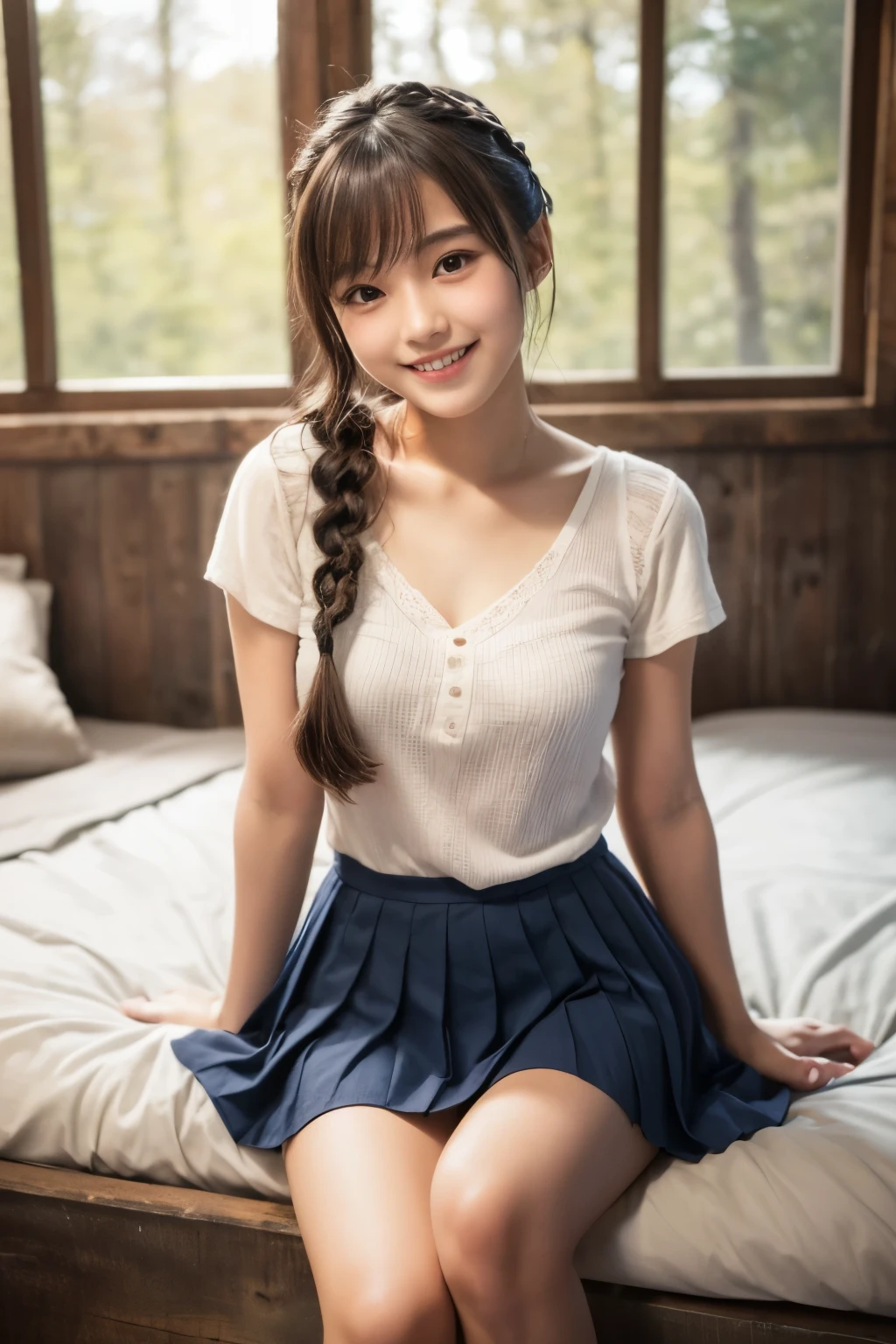ung girl,very cute and beautiful japanese teenress,highly detailed beautiful face,twin braid,
white camisole,looking at viewer,smile,happy,stylish pose,pleated navy blue mini skirt,solo,
bed room,rustic wood cabin in forest,real person,photorealistic,8k,raw photo,