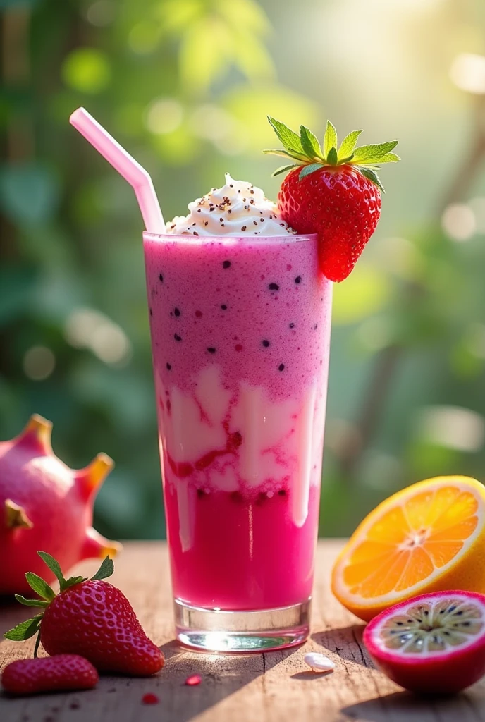 pitahaya frappe, strawberries, passion fruit, Greek yogurt, coconut water enjoying the drink