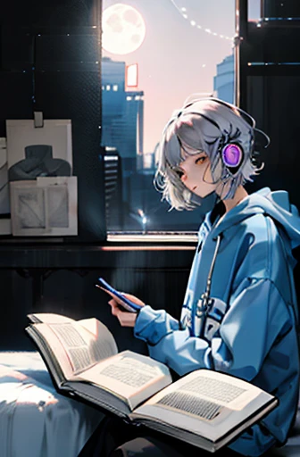 Draw a scene of someone relaxing in a spacious bedroom. The character is a short, bob-haired woman with silver hair wearing a pastel-colored hoodie, wearing headphones and reading a book. The background has three large windows with a full moon and a starry sky. I would like a vibrant color and anime style. Please also add floating magical lights around the character.