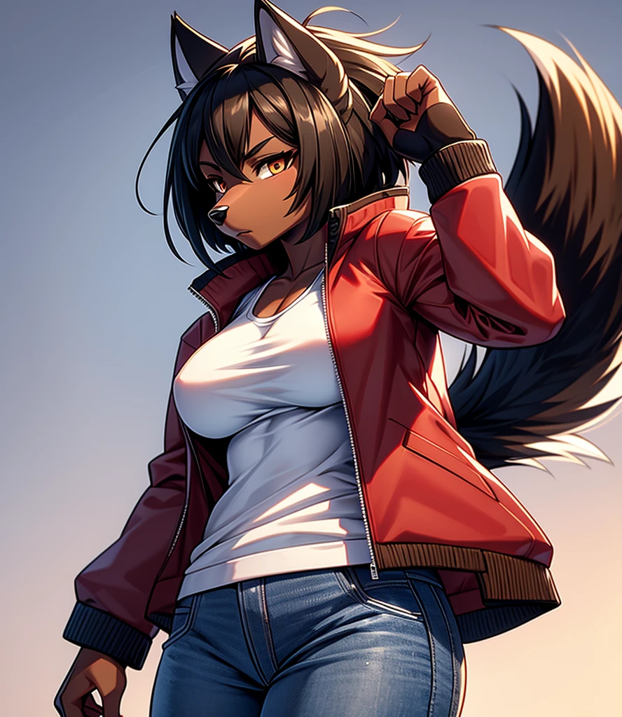 By r-mk, ((Wolf)) (woman) ((brown skin)) standing straight, red cotton jacket, white t-shirt, jeans, black hair, [[serious face]], female eyes, tall woman (furry), ((muscles)), 30 years old, [medium size breast], ((cotton jacket)), [[short hair]], detailed face, good anatomy, simple background, ondulated hair, [wolf snout], solo, [face close up], short wolf tail, 2d, 1girl