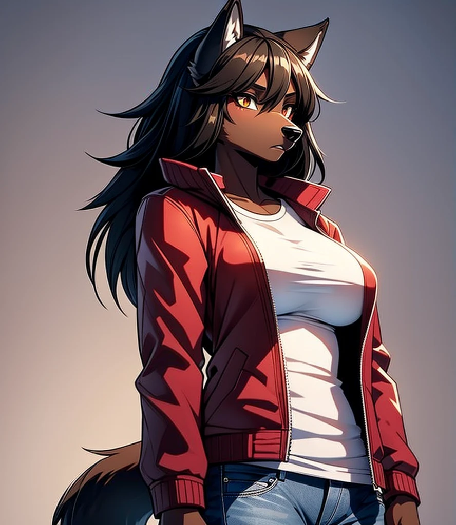 By r-mk, ((Wolf)) (woman) ((brown skin)) standing straight, red cotton jacket, white t-shirt, jeans, black hair, [[serious face]], female eyes, tall woman (furry), ((muscles)), 30 years old, [medium size breast], ((cotton jacket)), [[short hair]], detailed face, good anatomy, simple background, ondulated hair, [wolf snout], solo, [face close up], short wolf tail, 2d, 1girl