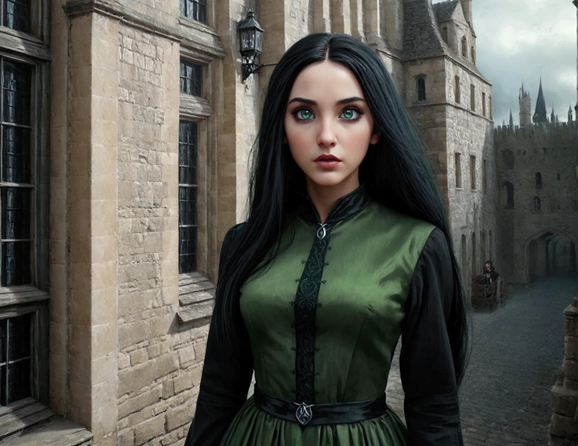 severus snape, a girl with green eyes and long straight jet-black hair, slytherin house dress, beautiful detailed eyes, beautiful detailed lips, extremely detailed eyes and face, long eyelashes, medieval hogwarts castle, moody lighting, cinematic, dramatic, fantasy, digital art, oil painting, concept art, highly detailed, hyper realistic, 8k, photorealistic, masterpiece