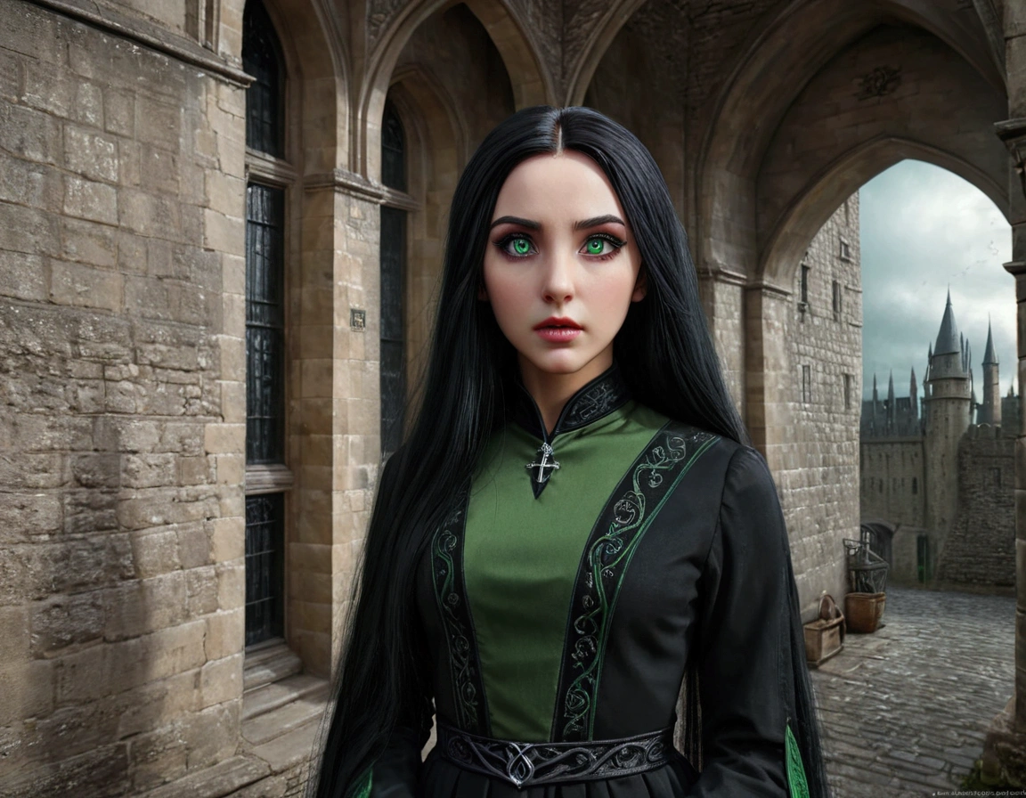 severus snape, a girl with green eyes and long straight jet-black hair, slytherin house dress, beautiful detailed eyes, beautiful detailed lips, extremely detailed eyes and face, long eyelashes, medieval hogwarts castle, moody lighting, cinematic, dramatic, fantasy, digital art, oil painting, concept art, highly detailed, hyper realistic, 8k, photorealistic, masterpiece