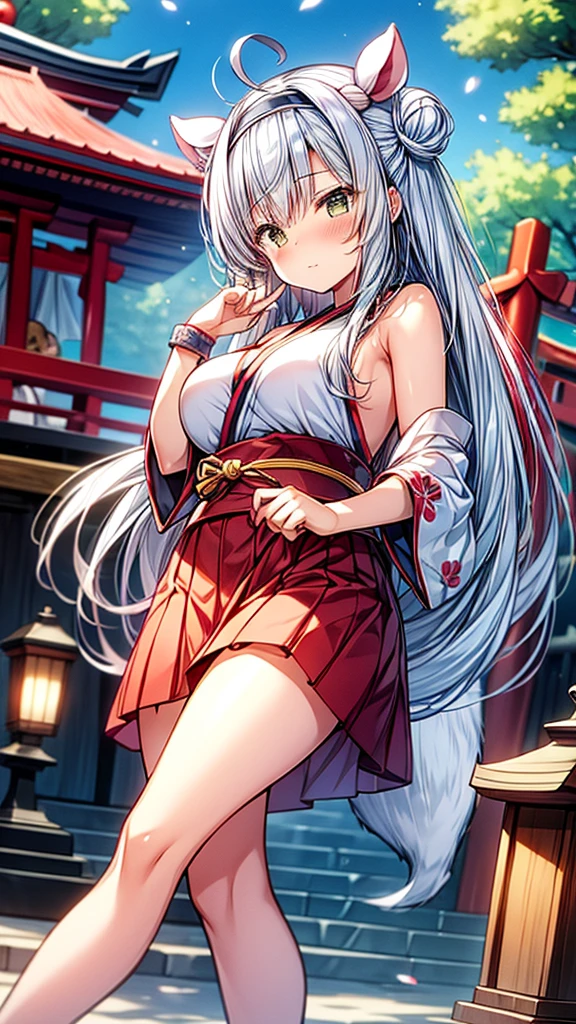 shrine,Cherry tree,cute,Playful,Girl,Double buns with long hair,Squirrel ears,B cup,Furry squirrel tail,Japanese Kimono,big bell jewelry,kick