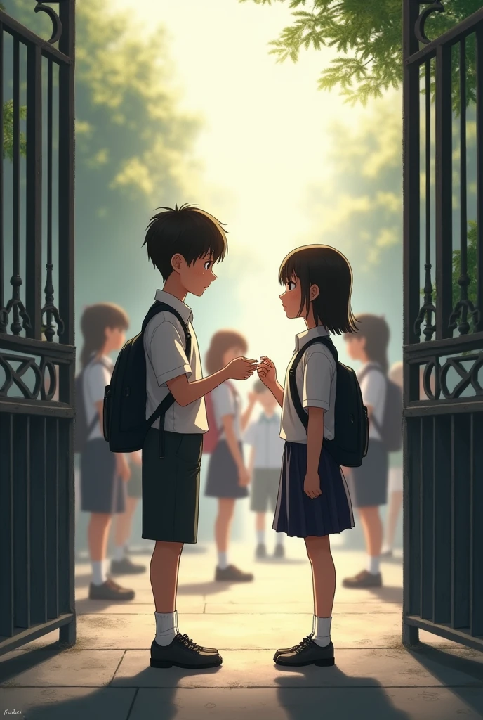 The school’s gate, with students saying goodbye. The boy and girl stand apart, their eyes filled with both hope and sadness. They exchange a small, symbolic token—a pendant or a letter.
discussing their future.
