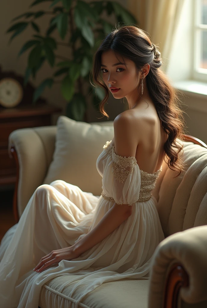woman sitting with her back half facing the scene on the sofa
