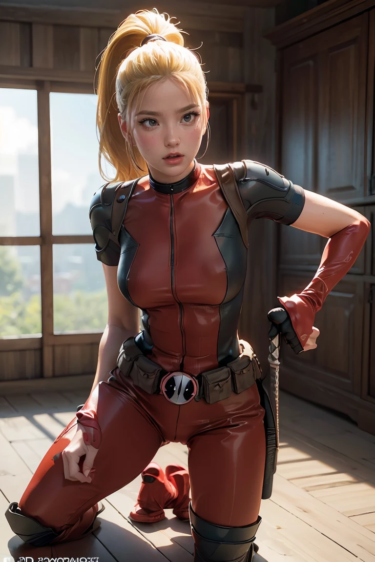 (((3d,CGI))) “cartoon art-style” realistic portrait of a sexy and busty female superhero character in the style of Deadpool, I have blonde hair., Wear tight clothing., holding a sword, Pose seductively and confidently, It is large, good figure., (best quality,4K,8ก,height,Masterpiece:1.2),Very detailed,(realistic,photorealistic,photo-realistic:1.37),Very detailed,Beautifully detailed eyes,Beautifully detailed lips,ดวงตาและใบหน้าที่มีรายVery detailed,Long eyelashes,Intricate costume details,dynamic light,Stunning shadow,bright colors,movie elements