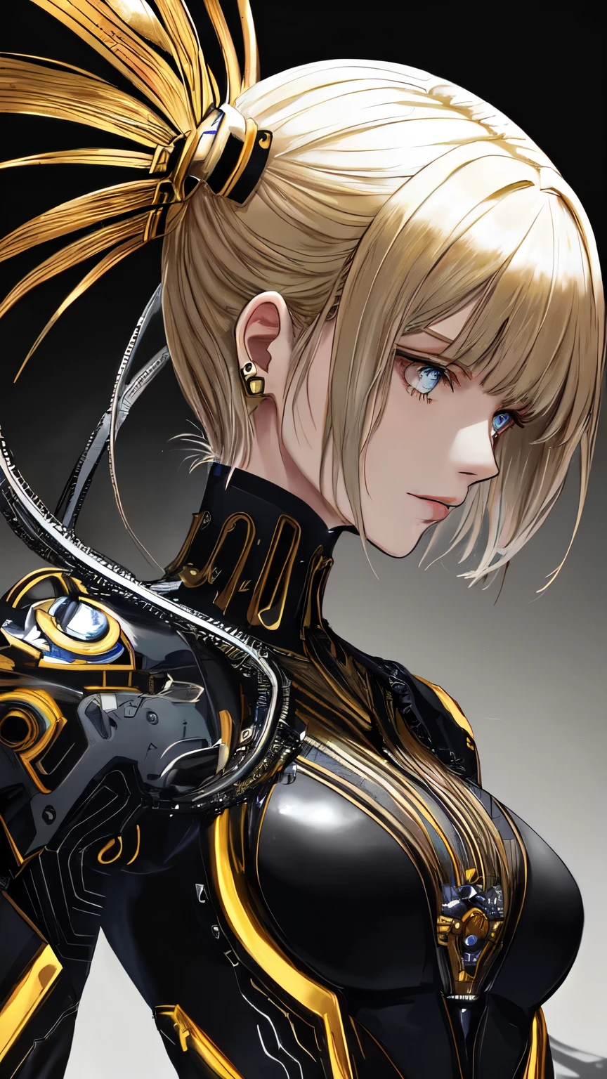 A futuristic woman with blonde hair styled in a sleek bob with bangs, wearing a black and gold suit intricately detailed with mechanical components like wires and cables. Her head is slightly tilted, eyes gazing into the distance. The dark grey background sets a mysterious, futuristic mood, emphasized by the color scheme of black, gold, and silver, creating a distinctly modern and enigmatic atmosphere.
