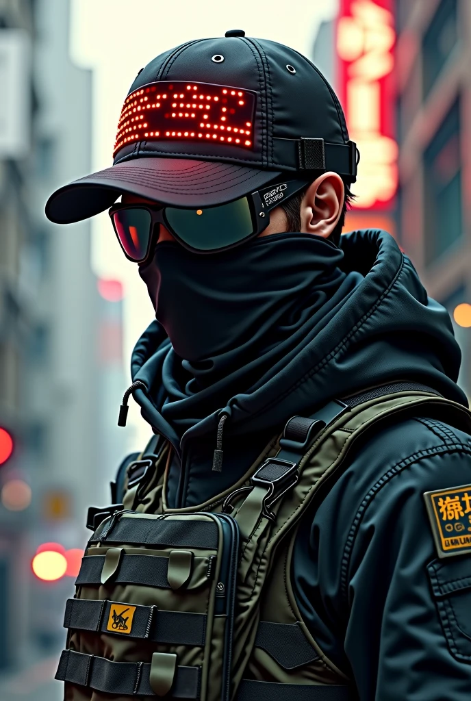 man with a cap, Ski mask, buff, black motocross goggles, black clothes, tactical clothing, camo green vest, drawing style, anime. Cap with a red holographic grid design in the center of the cap, cap on the side no mercy