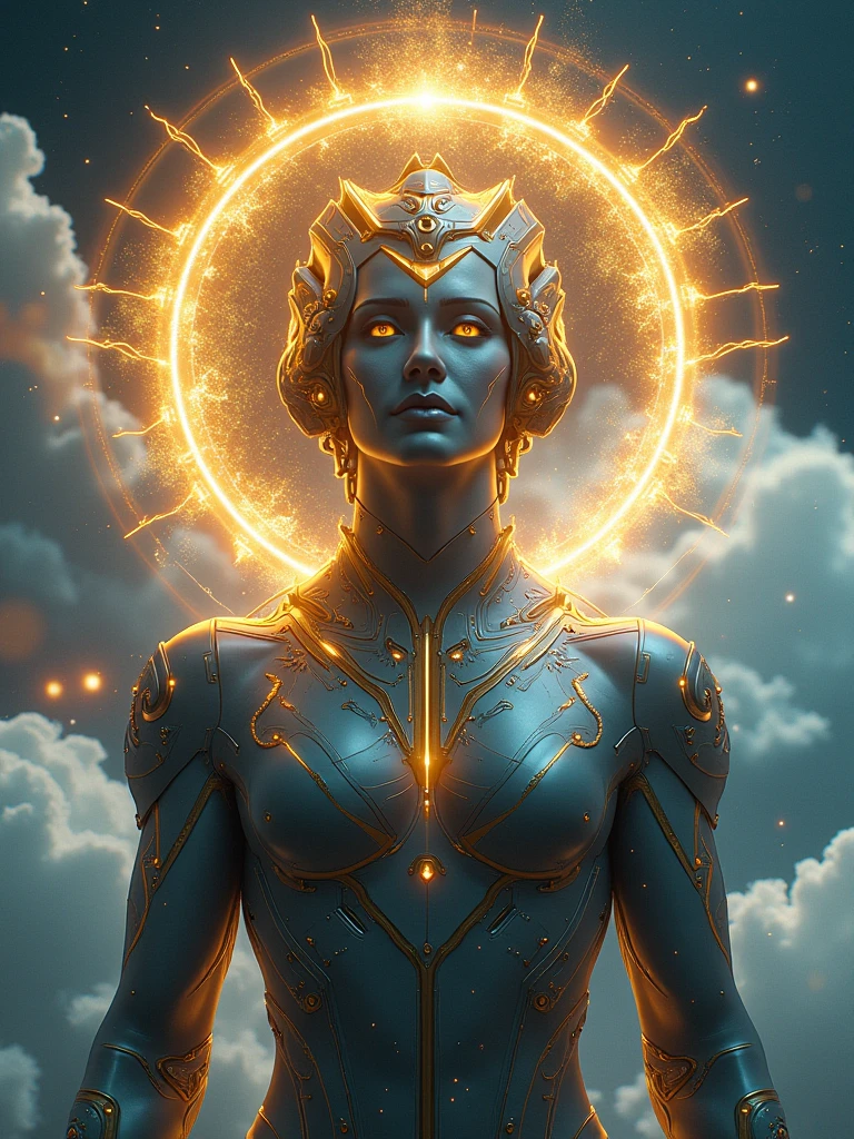 Indian god of technology and intellect. Has a golden halo made of crystal. soul mate. head and chest only. upperbody. cinematic sci - fi scene. flight suit, accurate anatomy. symmetry. portrait and science fiction theme with lightning, aurora lighting. clouds and stars. smoke. futur