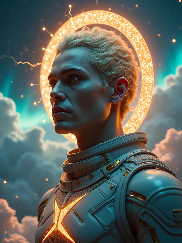 Indian god of technology and intellect. Has a golden halo made of crystal. soul mate. head and chest only. upperbody. cinematic sci - fi scene. flight suit, accurate ???????. symmetry. portrait and science fiction theme with lightning, aurora lighting. clouds and stars. smoke. futur