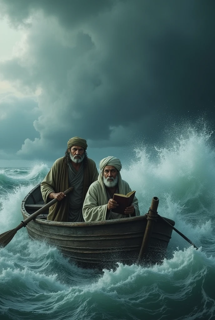 An old sailor is driving a boat in the river, the sailor is wearing torn clothes, a towel on his head. The sky has dark clouds. The storm has raised big waves on the river, the boat is swaying. A middle-aged religious scholar is in the boat with a book in his hand, he is silent in fear, his eyes are wide in fear.
Sitting on the boat. The Pandit was wearing a long robe and a turban on his head. There was a white cloud in the sky.