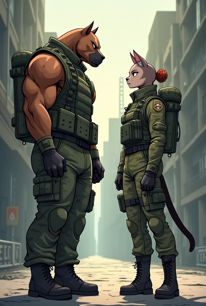 "Create a picture anime of Mr. and Mrs. Smith, but with one difference: Mr. Smith looks like a Pitbull dog and Mrs. Smith looks like a Siamese cat. They are preparing for a fight, both looking serious. They are dressed in camouflage clothing with utility belts, giving them a tactical and military appearance.