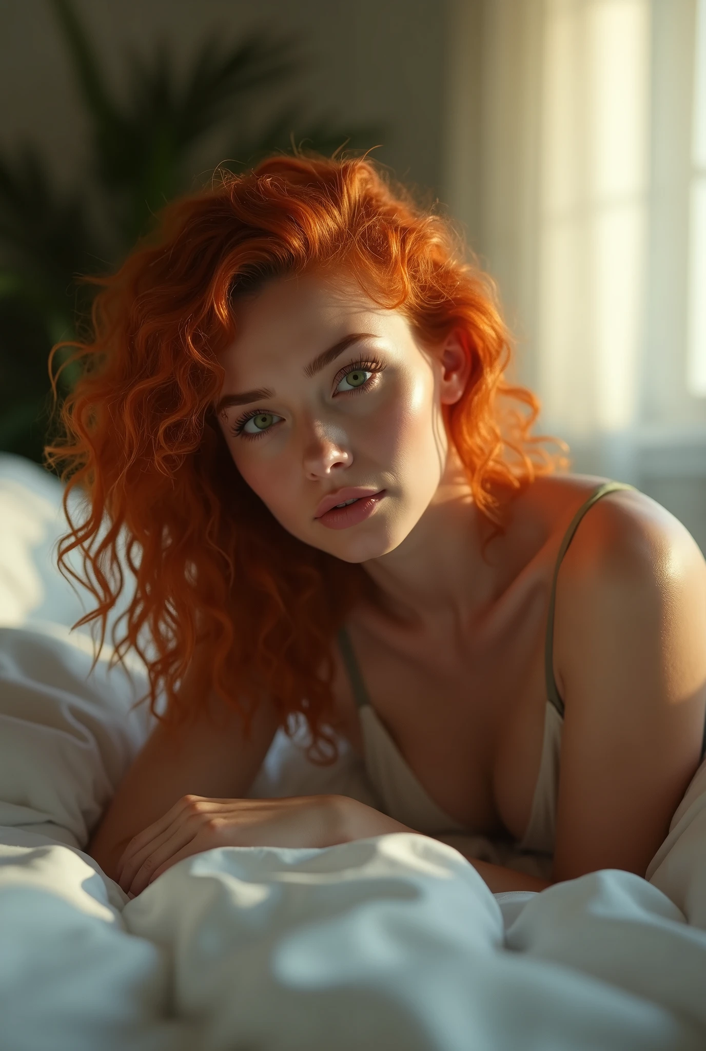 Sexy naked girl with red curly hair and green eyse wake up on her bett in the morning. Pov realistig foto 