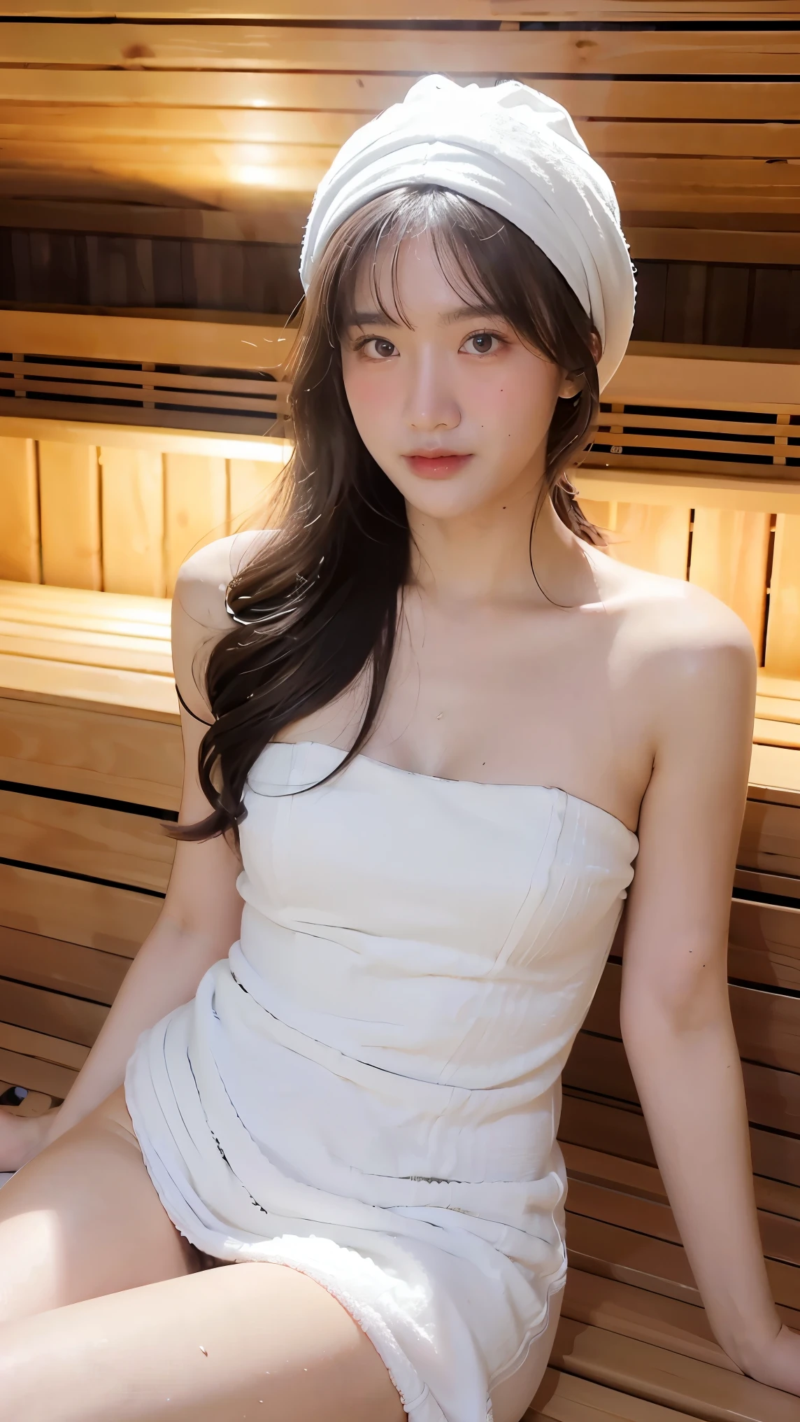 1Girl, Solo, (Masterpiece, Best Quality, 8K,,Photorealistic, real girl, mulberry:1.37), looking up at viewer, 1 dainty Japan, Slender body type: 1.1, Small breasts, Sitting, sauna, Double eyelids, Droopy Eyes, A dark-haired, (Sweaty face, Sweaty body: 1.2): 0.2, (White Oversized Towel Dress, strapless), (small in size, White Towel Turban: 1.1),, realistic body, makeups, Gloss slip, focus on face, smaller face, Sharp focus, Layered Cut, facing the viewer, The sauna has the following.., shot from the front