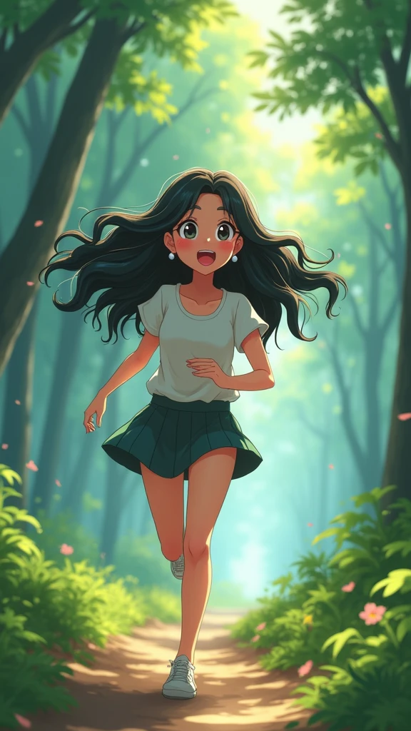 A beautiful girl running through a vast, lush forest, her long black hair flowing in the wind, her expression one of joyful inspiration. She wears a short skirt and earrings, her eyes sparkling and cheeks flushed, sweat glistening on her skin. The scene has a vibrant, anime-inspired aesthetic, with stunning attention to detail and a sense of natural beauty and wonder. The lighting and color palette create a serene, ethereal atmosphere. (best quality,4k,8k,highres,masterpiece:1.2),ultra-detailed,(realistic,photorealistic,photo-realistic:1.37),formula art,beautiful,aesthetic:1.2,girl running,vast world,fresh smile,mini skirt,distant horizon,forest,natural beauty,inspiration,lighting effects,long hair,black hair,large breasts,earrings,flowing hair,blushing,sparkling eyes,sweating,open mouth,smiling teeth,anime style