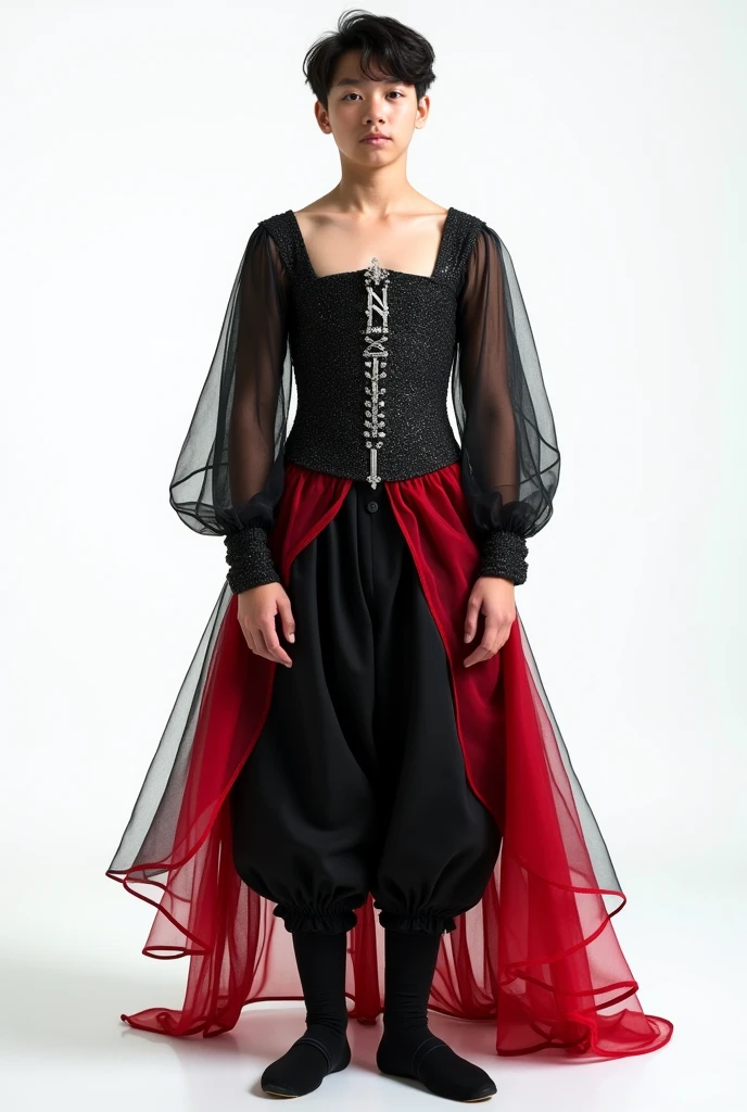 Whole body, boy suit square neck boy ballet jacket, silver jewelry, transparent fabrics with glitter,black with red color, medieval, silk fabric, corset,along with pants with a skirt behind,ancient, delicate, Royals, delicate, Simple, White background, vista Whole body, baggy pants