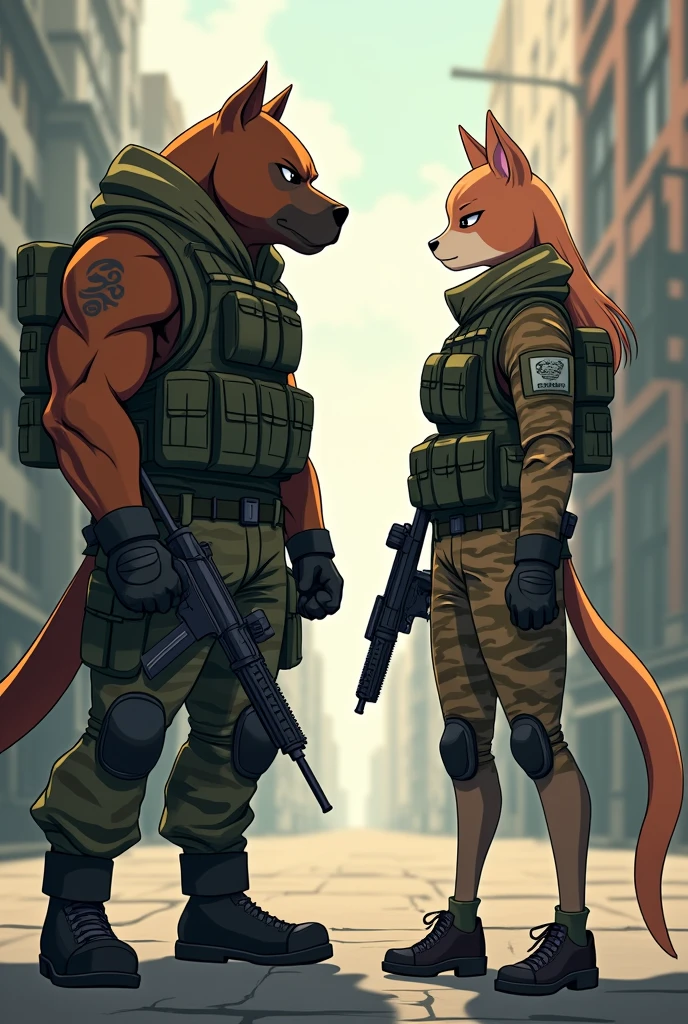 "Create a picture anime of Mr. and Mrs. Smith, but with one difference: Mr. Smith looks like a Pitbull dog and Mrs. Smith looks like a Siamese cat. They are preparing for a fight, both looking serious. They are dressed in camouflage clothing with utility belts, giving them a tactical and military appearance.