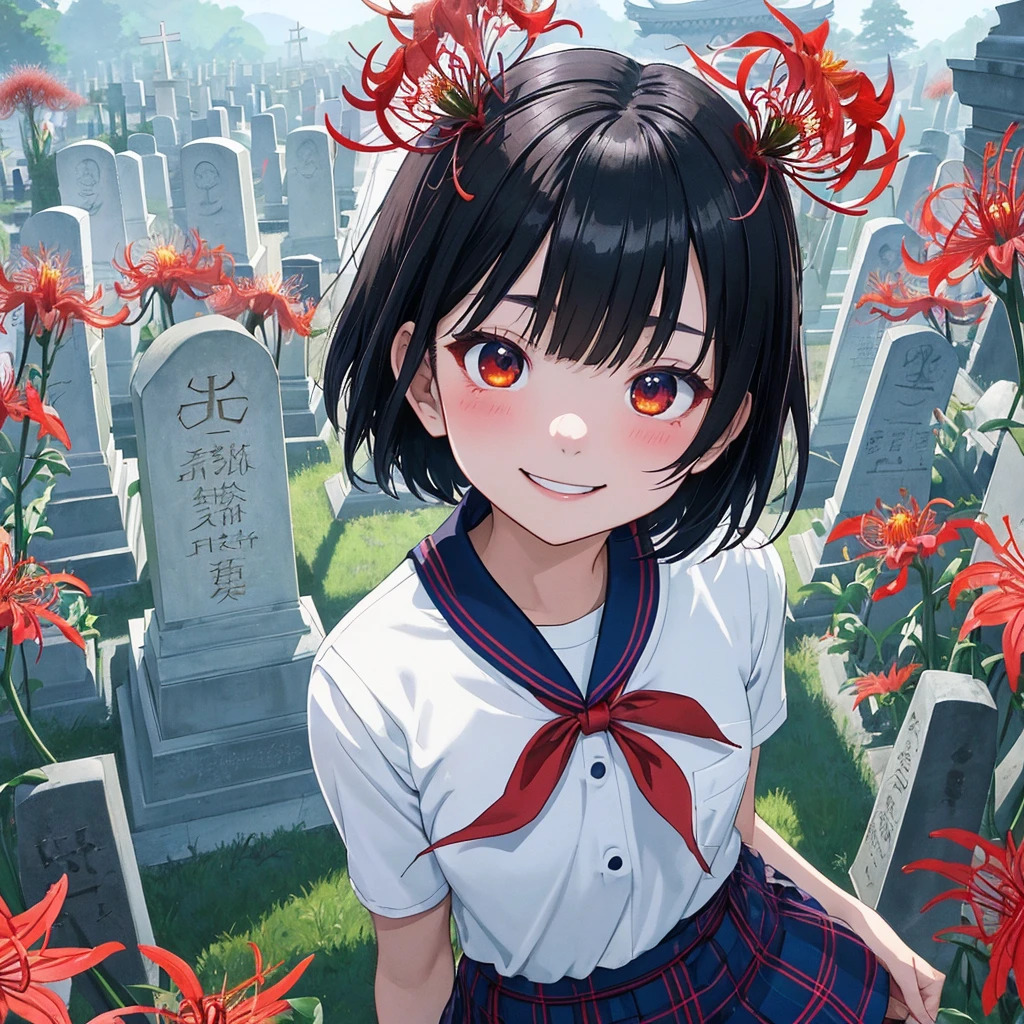 masterpiece、Bold, anime-style illustration、Dense painting、Creepy and cute、Cinematic lighting、Buddhist Cemetery、A high school girl visiting a grave、Holding a bouquet of red spider lilies、Invincible Smile、stylish、short hair、Short sailor suit、Tartan check mini skirt。
