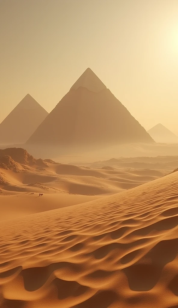 Sands of Egypt with Buried Mysteries:"A vast desert scene in Egypt with pyramids in the background. The sands are slightly disturbed, hinting at something buried beneath, with a mysterious aura surrounding the area."