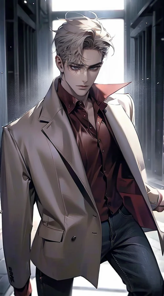 a man in his 50s, korean male, adult man, handsome man, tall man, slim build, short white hair, red eyes, standing alone, frontal view, professional photography, in front of a department store, wearing jeans and leather jacket, gentle facial expression, cool werewolf style outfit, long sleeve pants, looking at camera, solo shot, reaching the audience, walking towards the viewer, father