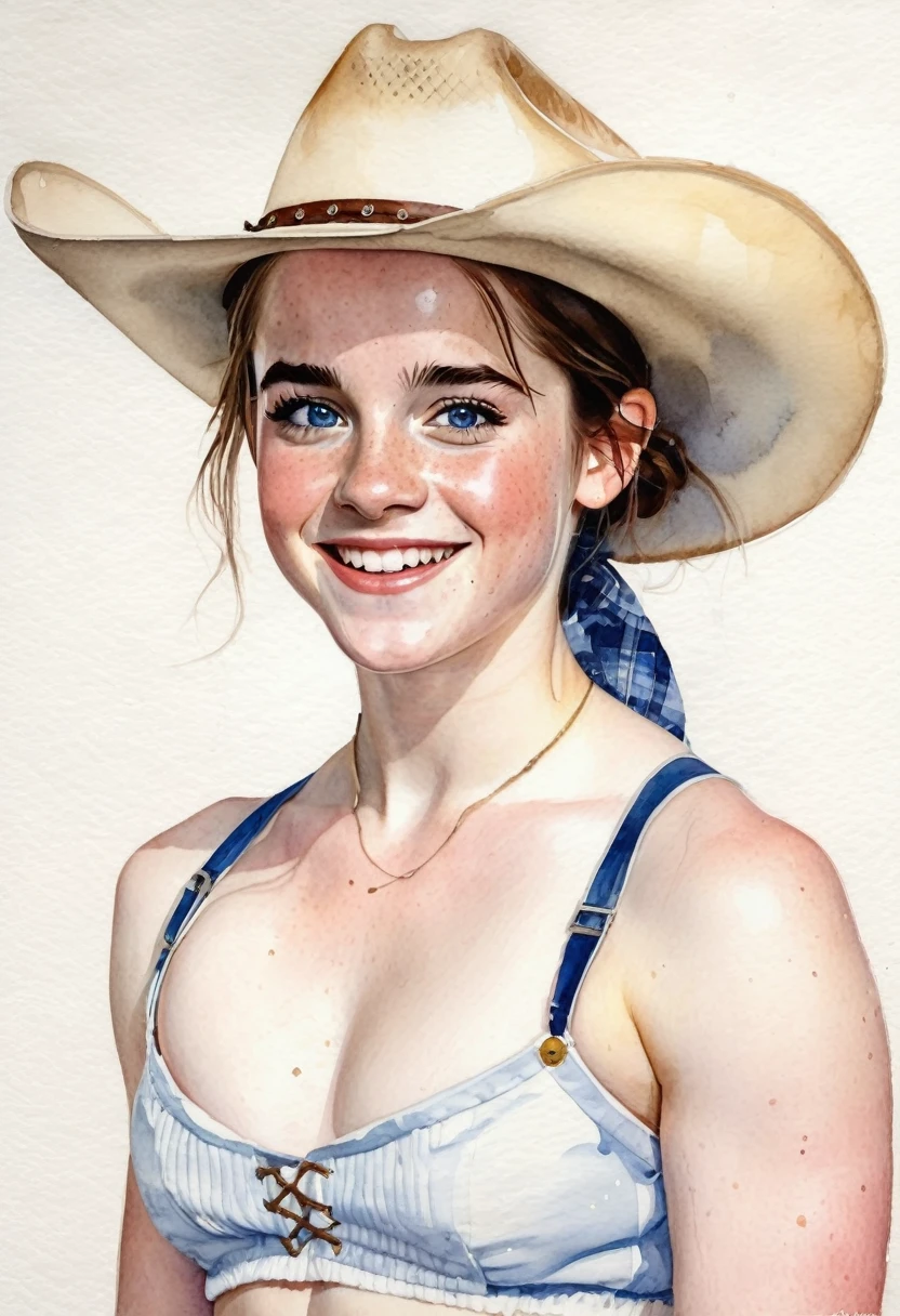 a watercolor painting of a ((pale skin)), defined muscles, six-pack abs, freckled, brunette ager resembling Emma Watson, with blue eyes, blushing cheeks, pigtails, cowboy hat, naked, smiling, in the style of Norman Rockwell