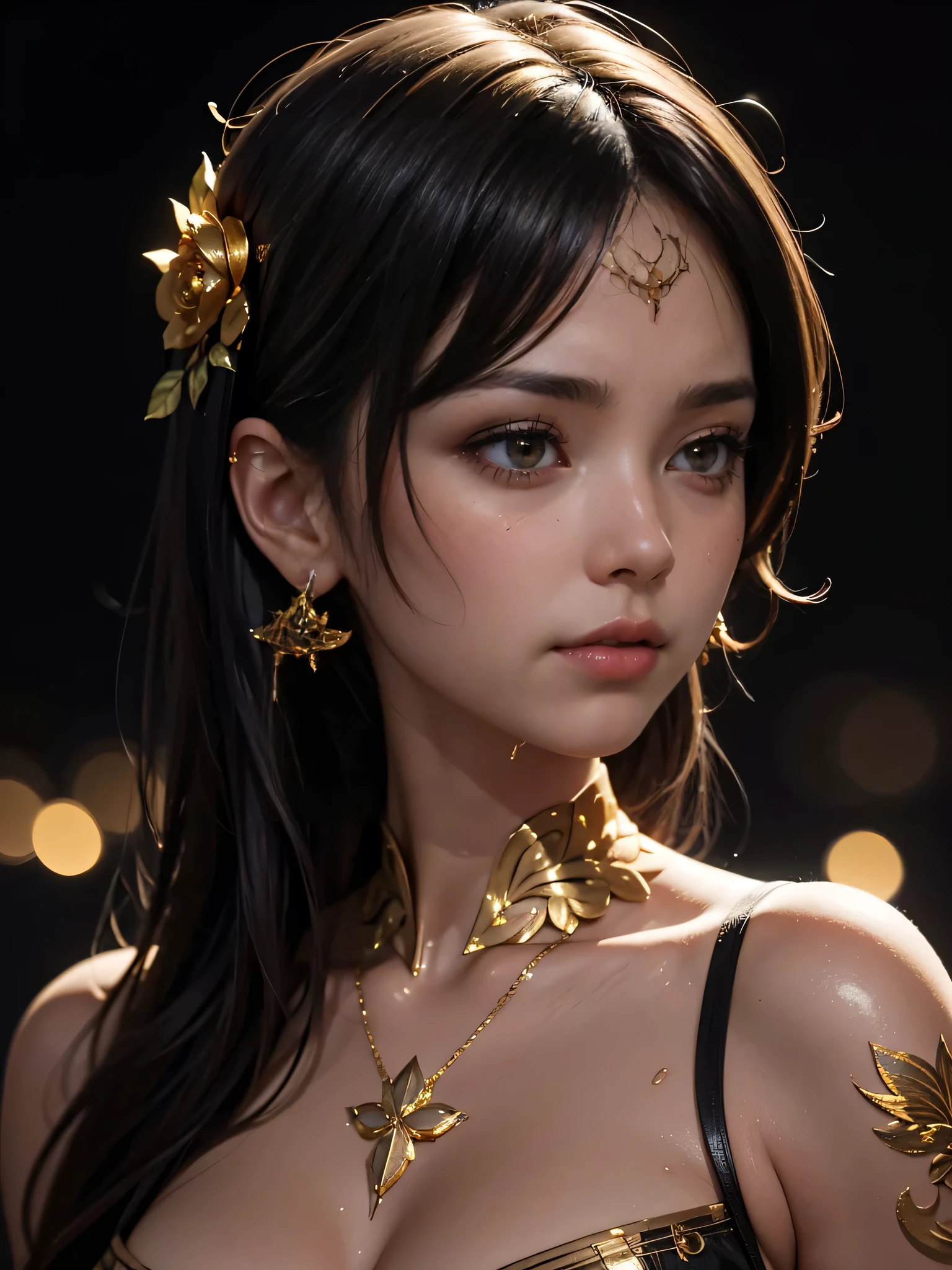 in the rain、Gold tattoo on a girl with gold earrings, In the style of vray tracing, Then Martin, Famous, Poured, close, Dark white and gold, Speed Painting, masterpiece, Highest quality,Large Breasts，Moist eyes,