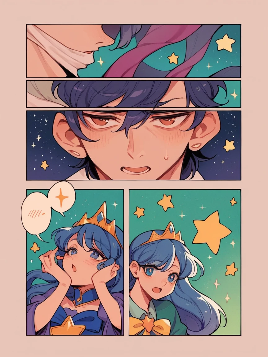 score_9, score_8_up, score_7_up, score_6_up, p4n3ls, 1girl, 1boy, stars, long hair, panels, (8k, best quality, master piece: 1.2),super high resolution,A page of a soft pastel colored comic book divided into frames、A princess falls in love with a demon、speech bubble、Powerful girl manga style