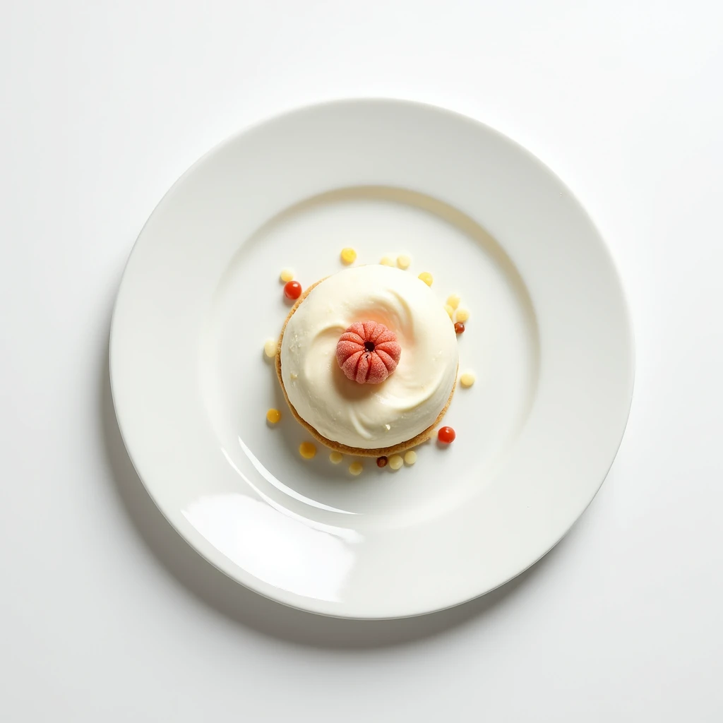 "A top-down shot focusing on a plain white plate set on a plain white table. The plate holds a beautifully arranged dessert, with the simplicity of the setting highlighting the elegance of the presentation."