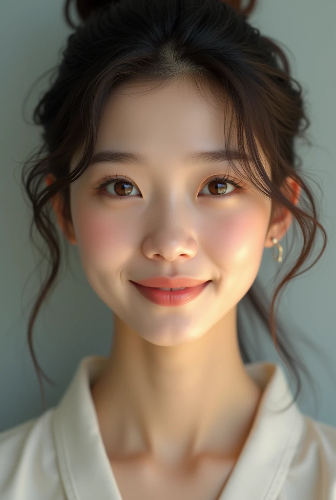 Create a 30 year old girl portrait, with a holy face, beautiful charming with intelligence, affectionate smile, Asia