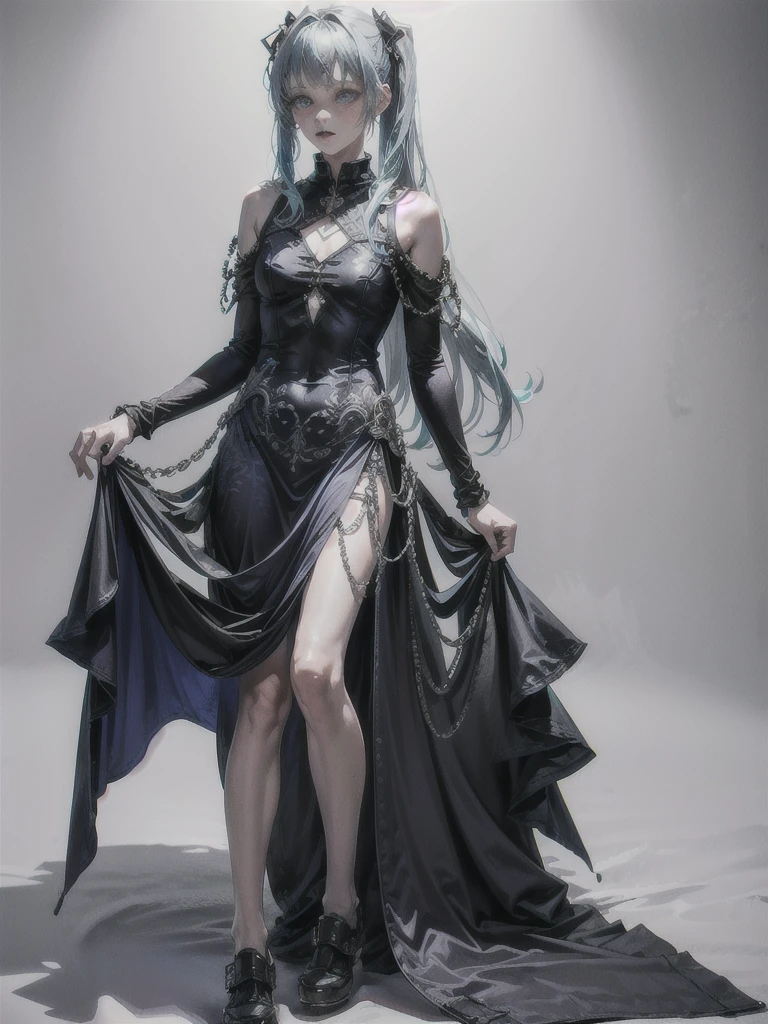 highres, (masterpiece:1.2), (best quality, highest quality), aqua, 1girl, blue hair, blue eyes, very long hair, hair ornament
edgGD, wearing edgGD goth dress,
