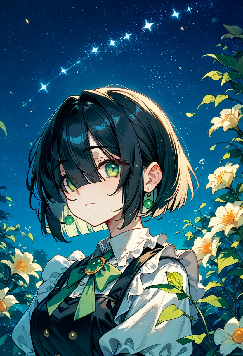 Cute devil maid,eyes visible through hair / bangs,(hair over one eyes),Long Black Hair,Jade green eyes、(transfer the whole body)、(A miniskirt fluttering in the night breeze),((Night Sky))