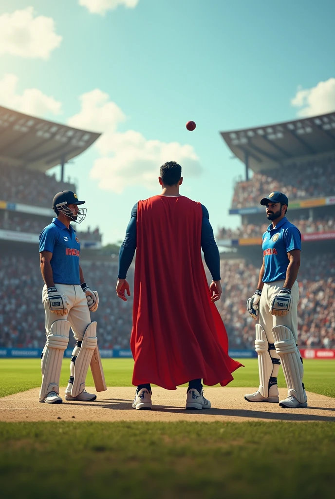 Super man with ms dhoni and virat Kohli
Play cricket game in
stadium