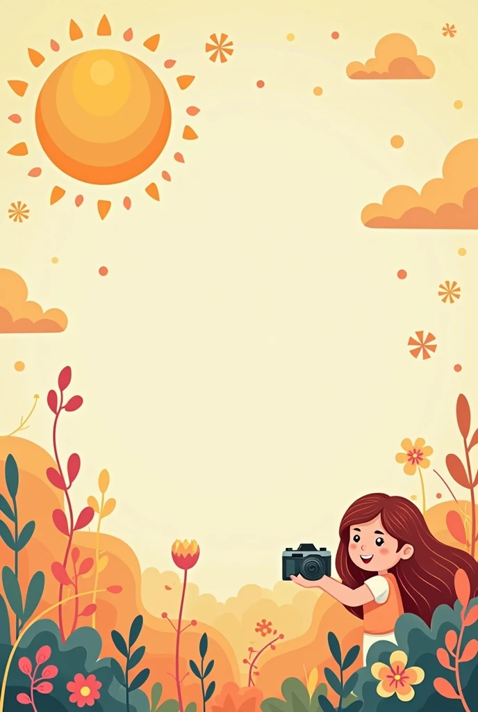 Draw me a cute poster background,I have a sun in the upper left corner,Then in the lower right corner there is a person with long hair holding a camera and taking a photo,The image style is that kind of cartoon cute。