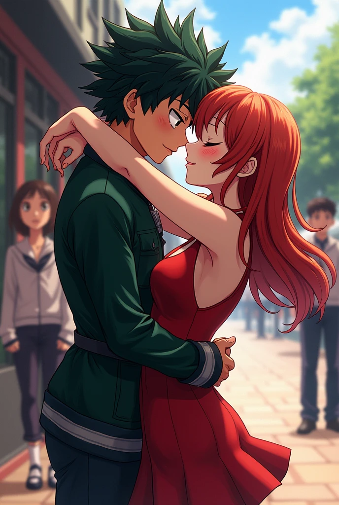 Momo Yaoyorozu kissing Shoto Todoroki while Itsuka Kendou looks on in surprise