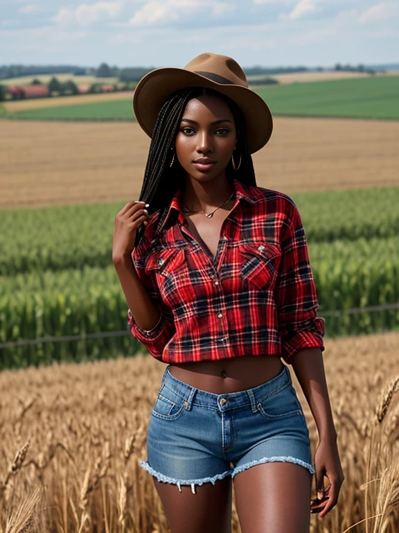 ebony beauty with straight black hair. Penetrating brown eyes should be the focal point. She is wearing a red flannel shirt and denim jeans, In the background, a wheat field is shown, a heavenly and luxurious place, 8k, perfect photo, dark skin, chocolate skin, beautiful green eyes. impeccable image of high quality and creativity, RAW colors, balanced lights