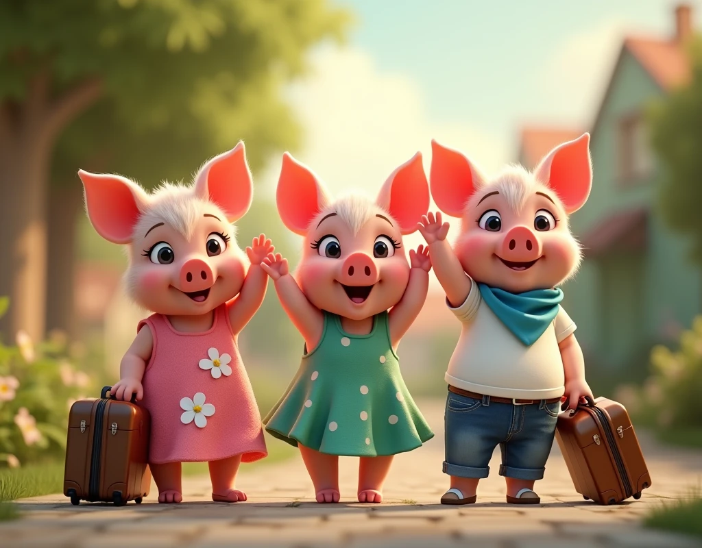 pixar style, 3d, 3 cute happy piglets wearing dresses are leaving the home with suitcases waving goodbye, one piglet on the left is wearing pink dress with white flowers, other piglet in the centre is wearing green dress with white polka dots, one piglet on the right is wearing white t-shirt blue jeans and a blue bandana, game button art, Game illustration, lovely digital painting, artstation for kids art, Official artwork, key art, mobile game art, cover game art, zootopia concept art, (soft lighting:1.3), (green and earthy color scheme:1.3), (highly detailed), (ultra quality:1.3), (masterpiece), (digital art), 8K resolution, HDR, depth of field, (soft shadows), (photorealistic:1.3), (animation:1.2), (by Greg Rutkowski:0.9), (in the style of Alphonse Mucha), trending on ArtStation, award-winning art, 3d style