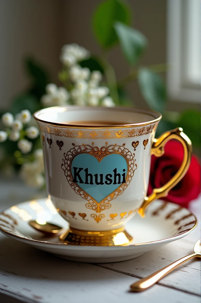 This image features an ornate coffee cup with gold detailing, embellished with red heart-shaped decorations. The name "Khushi" is written on the cup in bold black letters, with a blue heart underneath it. The cup is placed on a matching saucer, with a small, elegant spoon resting beside it. A red rose is positioned near the base of the cup, adding a romantic touch to the scene. In the background, there are soft, out-of-focus green leaves and white flowers, enhancing the delicate and luxurious aesthetic of the image.