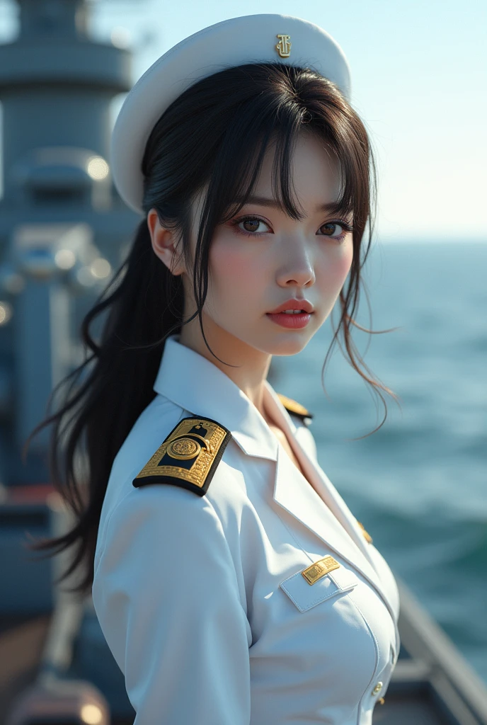 Photo-realistic, ultra-realistic, (very beautiful Japanese, her beautiful face is looks like a famous Japanese idol:1.3), (naval commander), wearing a white naval uniform, dynamic angle, at bridge of a large battleship, ready to battle, monitoring enemy ships, (tense expression:1.5)