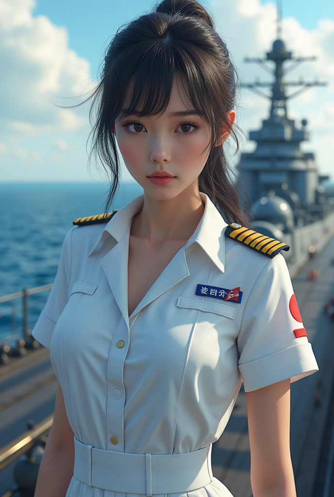 Photo-realistic, ultra-realistic, (very beautiful Japanese, her beautiful face is looks like a famous Japanese idol:1.3), (naval commander), wearing a white naval uniform, dynamic angle, at bridge of a large battleship, ready to battle, monitoring enemy ships, (tense expression:1.5)